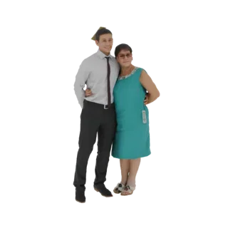 Modello 3D di un uomo in camicia grigio chiaro e cravatta e una donna in abito verde acqua in posa insieme.