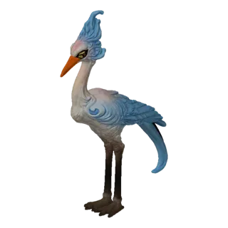 3D model of a stylized white bird with blue accents, an orange beak, and a prominent blue crest, standing on thin legs.