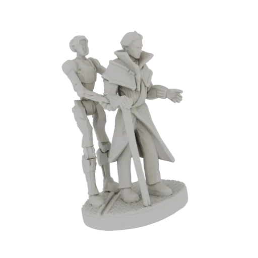 3D model of a sci-fi android with a metallic finish assisting a human figure holding a cane, set on a textured base.