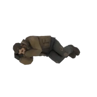 Modelo 3D de un hombre durmiendo, acurrucado con la cabeza sobre los brazos, vistiendo ropa desgastada marrón y gris, aislado