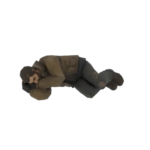 3D model of a man sleeping, curled up with his head on his arms, wearing tattered brown and grey clothing, isolated on a whit