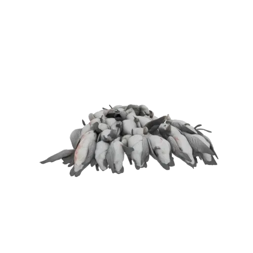 A realistic 3D model of a pile of snow geese decoys, rendered against a white background.
