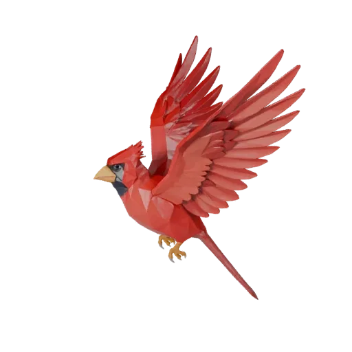 Low Poly Cardinal 3D-Modell, Gameplay-Kamera-Seitenansicht, Low-Poly-Tier-Asset mit Schwanzfächer-Aufteilung, Schnabelmateria