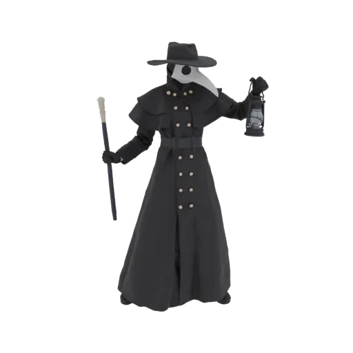 3D model of a Plague Doctor wearing a beaked mask, black coat, hat, holding a lantern and a cane, against a white background.