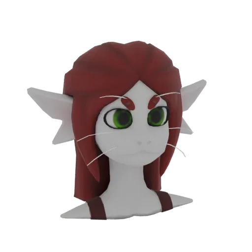 3D model render of a stylized aquatic creature bust with red hair, green eyes, and white whiskers, set against a white backgr