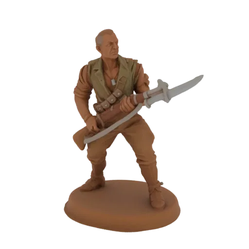 3D model of a colonial soldier in a tan uniform, holding a rifle with a bayonet, standing on a brown base.