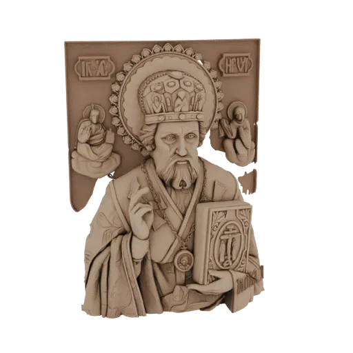 3D model of a Saint Nicholas relief sculpture, showing him in bishop's attire holding a book and blessing.