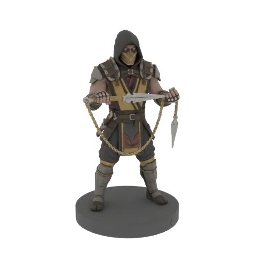 3D model of Scorpion from Mortal Kombat, wearing his signature mask and armor, holding a kunai attached to a chain.