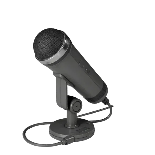 Microphone 3D model, three-quarter front view, Unity viewport, showing plastic shells, desktop scale.