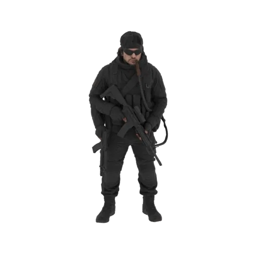3D-Modell eines taktischen Operativs mit Mütze, Sonnenbrille und taktischer Ausrüstung, der ein Sturmgewehr und eine Pfeife h
