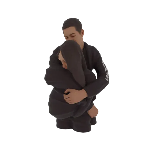 3D model of a couple in a tender, close embrace, with one figure holding the other closely.