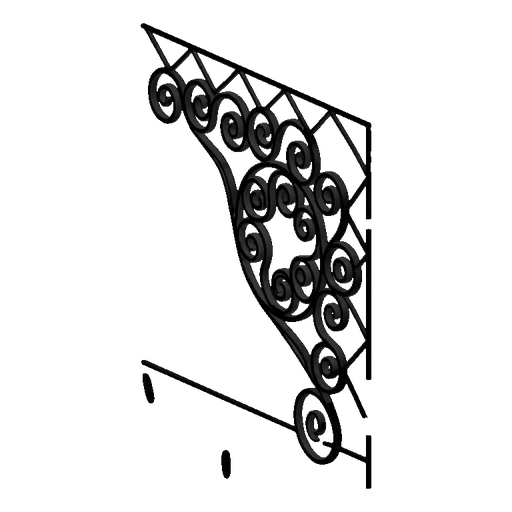 A 3D render of an ornate black metal bracket with intricate scrollwork and geometric patterns, set against a dark background.
