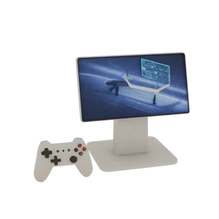 3D model of gaming console with monitor and gamepad on white background