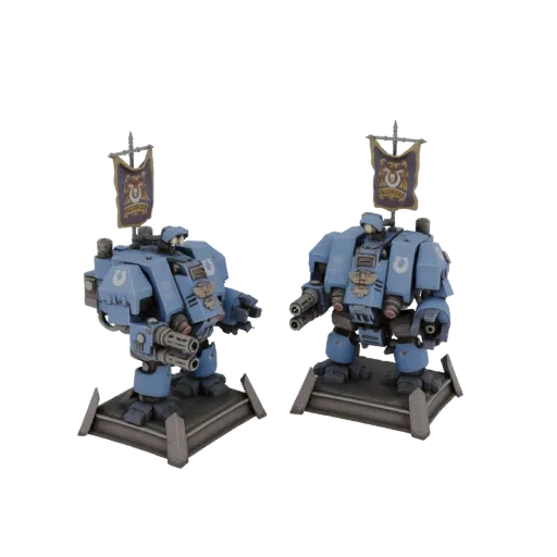 3D model of a blue Dreadnought walker with twin-linked lascannons and a chapter banner, standing on a display base.