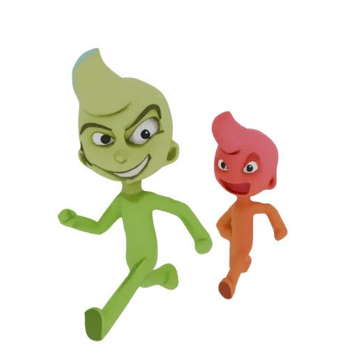 3D model of two cartoon characters, one green and one red/orange, running dynamically with exaggerated expressions.