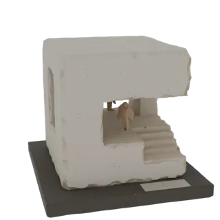 3D render of an abstract Brutalist architectural model with rough concrete texture, featuring interior stairs and two miniatu