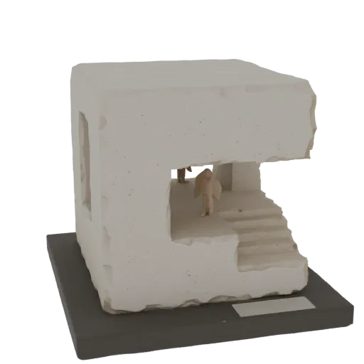 3D render of an abstract Brutalist architectural model with rough concrete texture, featuring interior stairs and two miniature figures.