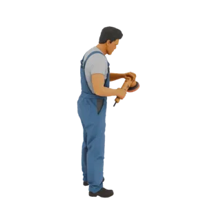 3D model of a man wearing blue overalls and holding an orange orbital sander, viewed from the side.