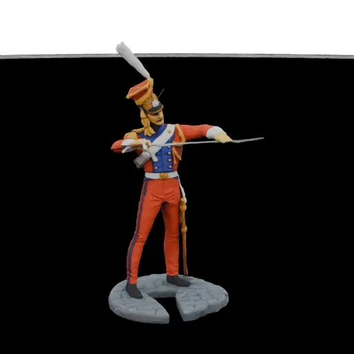 3D model of a French Line Infantryman from 1812, wearing a red uniform and holding a sword, standing on a cobblestone base.