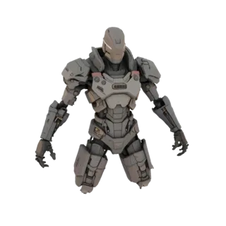 Modello 3D robot da combattimento grigio in esoscheletro futuristico, in posa tesa.