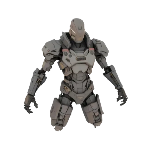 3D model of a gray combat robot in a futuristic exoskeleton, standing in a tense pose.