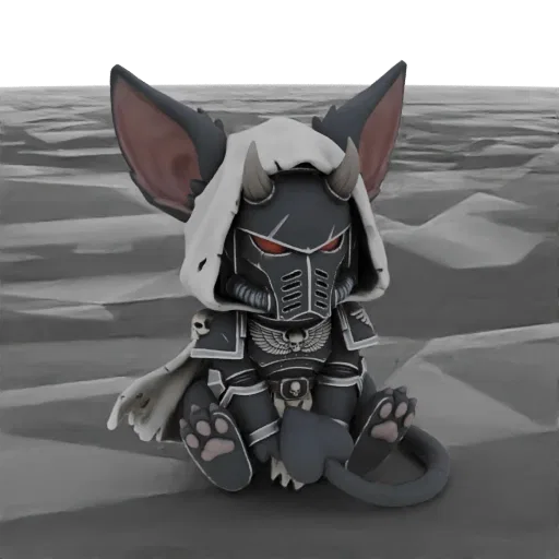 3D model of a chibi cat wearing Space Marine armor, complete with a hood, horns, and glowing red eyes, sitting on a sandy ter