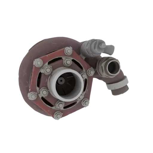 3D model of an industrial turbocharger with a red, weathered housing and visible bolt details on the flange.