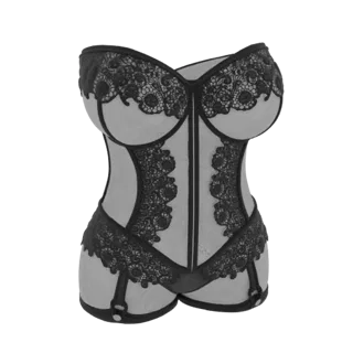 Modello 3D di corsetto in pizzo nero con intricati motivi floreali e giarrettiere, mostrato frontalmente.