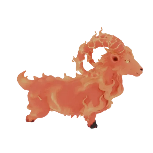 3D model of a corgi with ram horns and a fiery mane, rendered in warm orange and yellow tones.