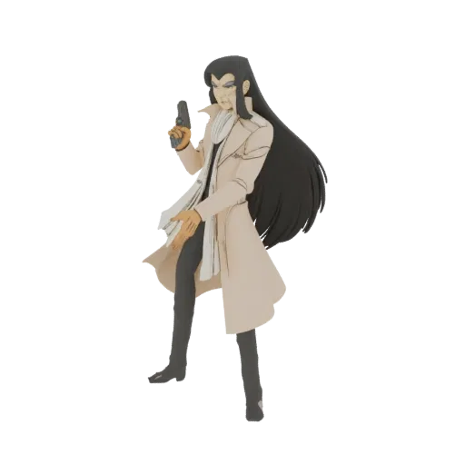 3D model of an anime detective character with long black hair, wearing a beige trench coat and holding a grey revolver, posed