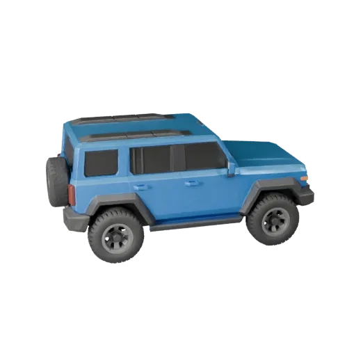 Modello 3D Low Poly Suv, viewport di gioco a tre quarti, asset veicolare low-poly con altezza da terra rialzata, volume utile