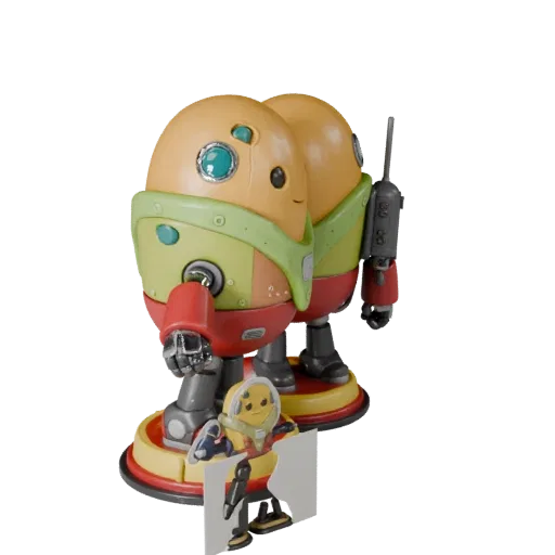 Sammelfigur Roboter-Food-Maskottchen 3D-Modell Vorschau zeigt Pose, Studio-Nahaufnahme, Ausdruck und glatte Spieloberflächen