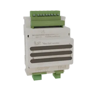 3D model of a white modular electronic module with green terminal blocks, designed for DIN rail mounting.