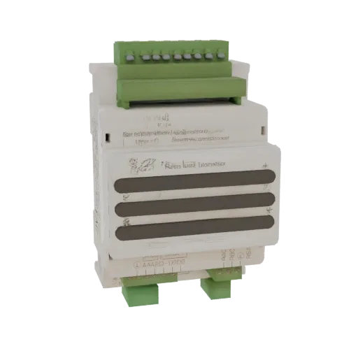 3D model of a white modular electronic module with green terminal blocks, designed for DIN rail mounting.