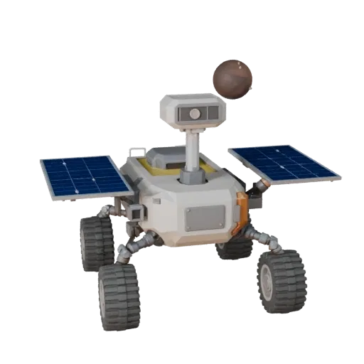 Mars Planetary Rover Low Poly 3D model, game viewport three-quarter view, showing dusty wheels, vehicle stance.