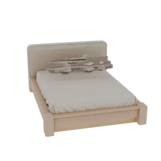 Modelo 3D de una cama plataforma moderna con estructura de madera clara y una escultura abstracta única integrada en el cabec