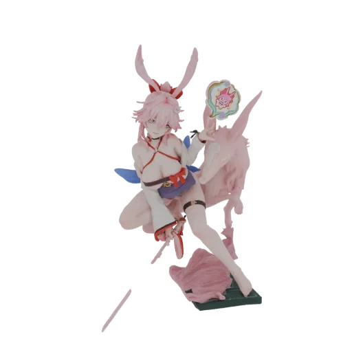 3D model of Yae Miko in a bunny girl outfit, with pink hair, ears, and a playful pose, holding a fan.