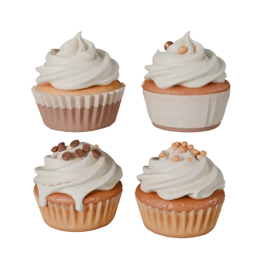 Modelo 3D Mini Cupcake para visualización de productos, render de estudio a tres cuartos, mostrando crema, silueta de comida