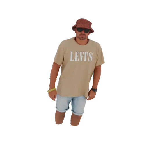 3D model of a man wearing a brown bucket hat, sunglasses, a beige Levi's t-shirt, and denim shorts, standing and looking forw