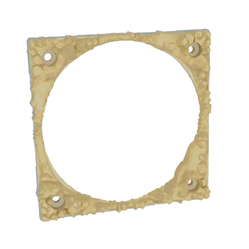 3D model of a square fan shroud with a rough, textured surface and four mounting holes, presented on a white background.