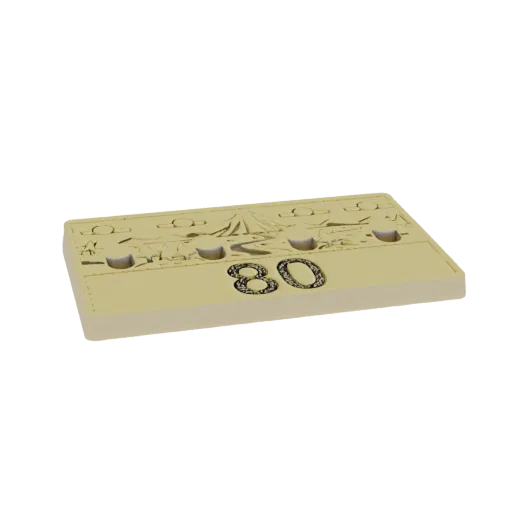 3D model of a golden retro cassette tape with '80' printed on it, set against a black background.