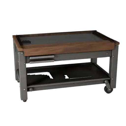 Mechanic Workbench Product Viz 3D model, three-quarter studio product render, showing steel frames, stable fixtures.