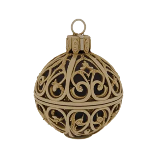 A detailed 3D model of a golden Christmas bauble with intricate, openwork filigree patterns and a dark interior, set against