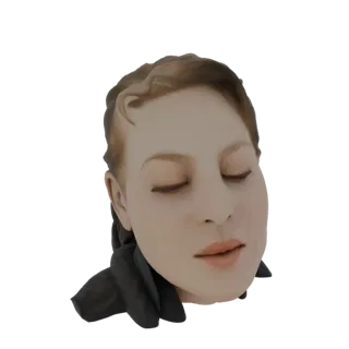 A 3D render of a woman's head with closed eyes, soft lighting, and detailed hair, presented on a white background.