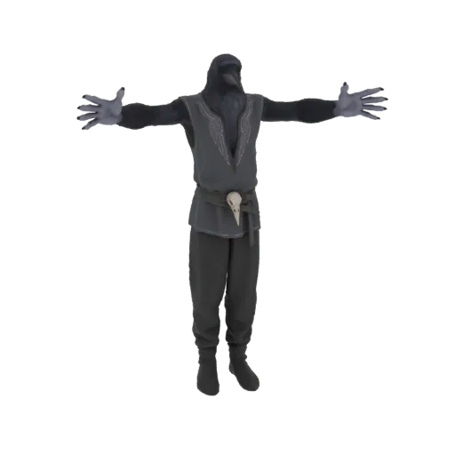 3D model of a raven character with dark attire, a skull pendant, and outstretched arms, set against a black background.