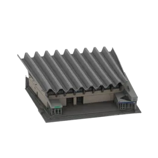 Modelo 3D de um edifício de auditório moderno com telhado ondulado cinza e paredes bege, com entradas de vidro.