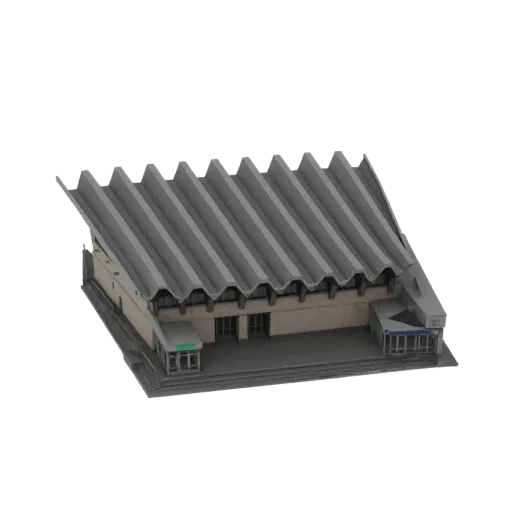 3D model of a modern auditorium building with a grey corrugated roof and beige walls, featuring glass entrances.