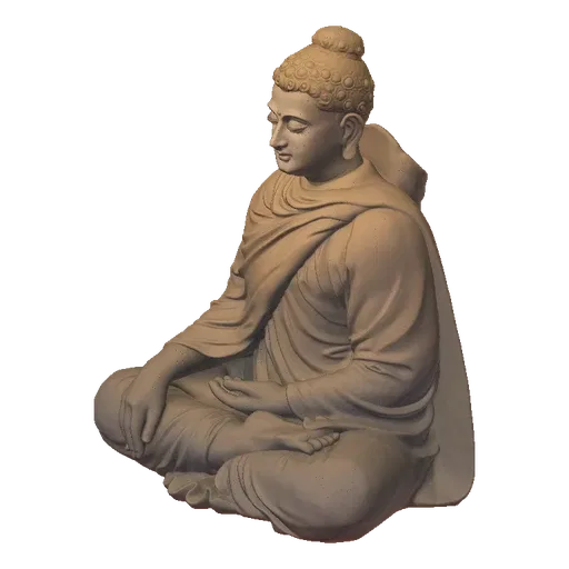 3D model of a serene Buddha statue meditating in a cross-legged pose, with draped robes and a peaceful expression.