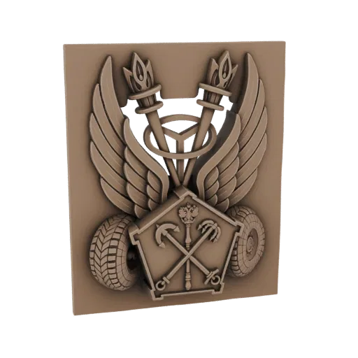 3D model render of a bronze-colored emblem with wings, torches, a steering wheel, and crossed tools.