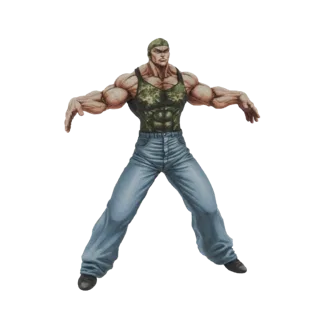 3D model of a muscular man with defined abs, wearing a camouflage tank top and blue jeans, with arms outstretched.